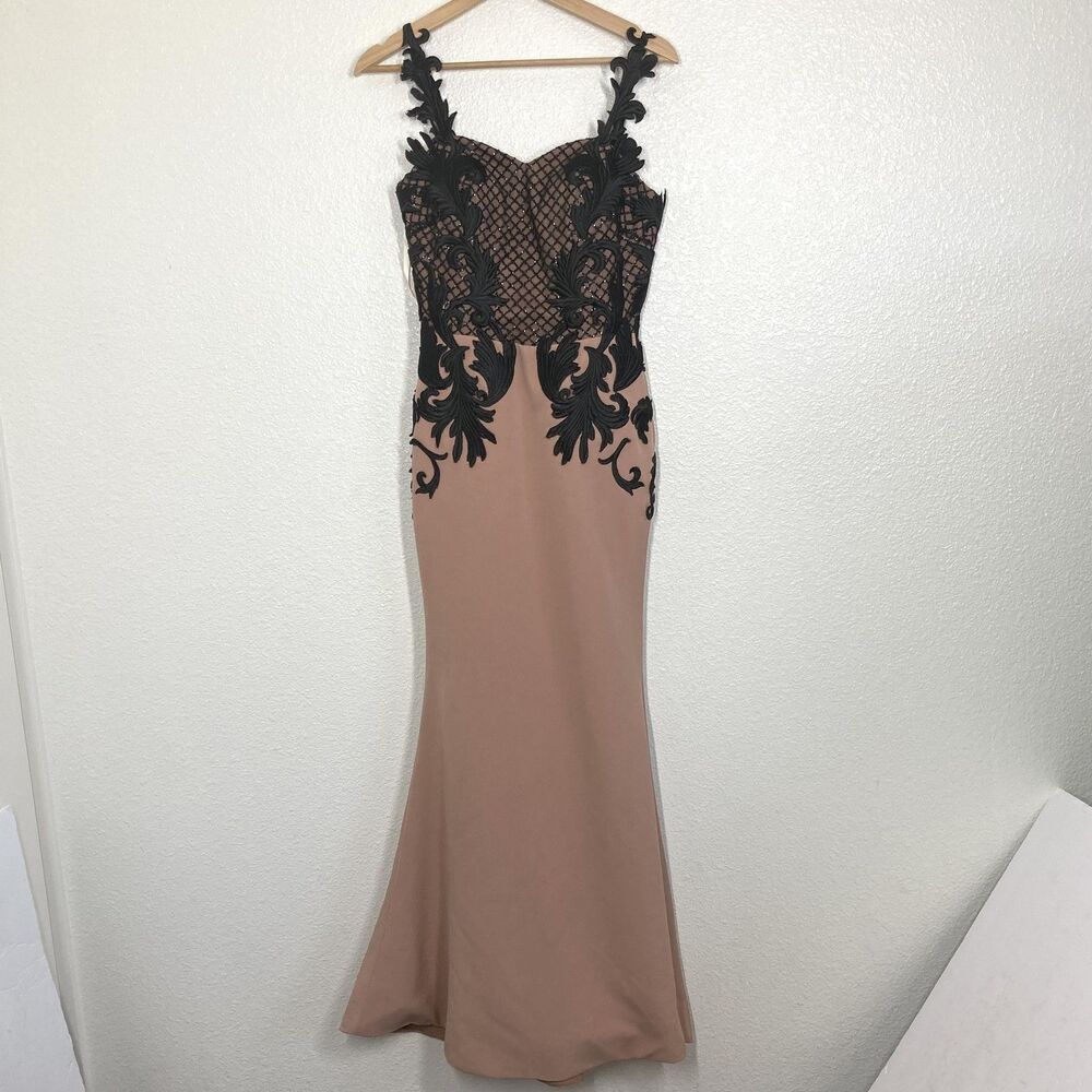 Portia & Scarlett Y2K Dress Small Nude Black Embroidered Fitted Gown Formal